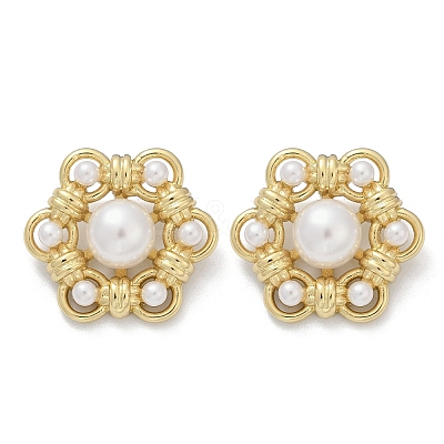Flower Brass ABS Imitation Pearl Stud Earrings EJEW-M082-09G-1