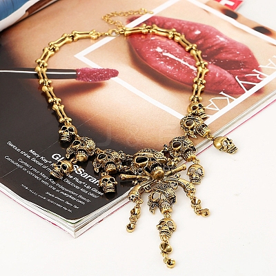 Halloween Themed Pirate Skull Alloy Bib Necklace for Women HAWE-PW0001-215AG-1
