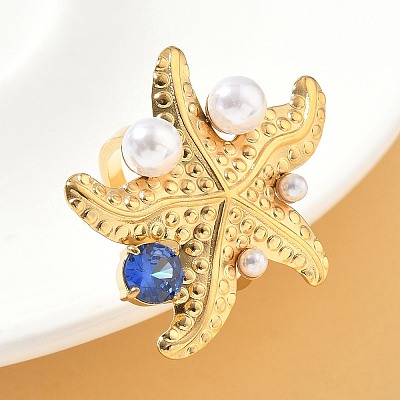 304 Stainless Steel Micro Pave Cubic Zirconia Plastic Pearl Cuff Rings RJEW-D310-02C-G-1