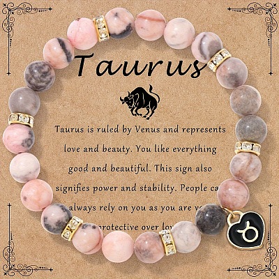 12 Constellations Natural Zebra Jasper Round Beaded with Enamel Heart Charm Bracelets WGB6967-04-1