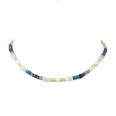 Natural Apatite & Aquamarine & Amethyst & Rose Quartz & Lapis Lazuli Faceted Cube and Pearl Beaded Necklaces NJEW-JN06302-1