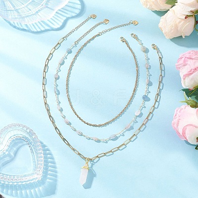 Natural Rose Quartz Double Terminated Pointed Bullet Pendant 304 Stainless Steel & Brass Chain 3 Layer Necklaces for Women NJEW-JN05477-04-1