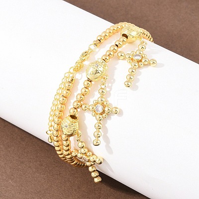 Brass Micro Pave Clear Cubic Zirconia Cross Pendant Round Beaded Bib Necklaces for Women NJEW-F364-04G-1