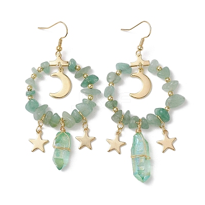Natural Green Aventurine Chip & Dyed Quartz Crystal Beaded Ring Dangle Earrings EJEW-TA00357-02-1