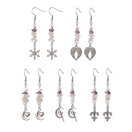 Alloy Charm with Natural Mixed Gemstone Chips Dangle Earrings EJEW-JE05225-1