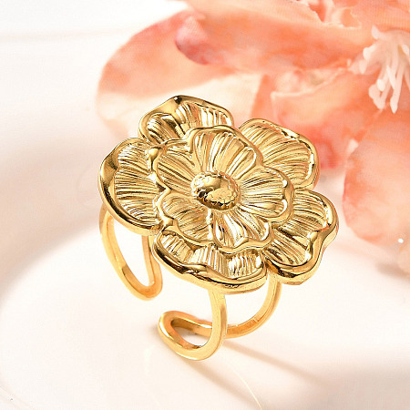 Flower 201 Stainless Steel Open Cuff Ring for Women RJEW-A053-02H-G-1