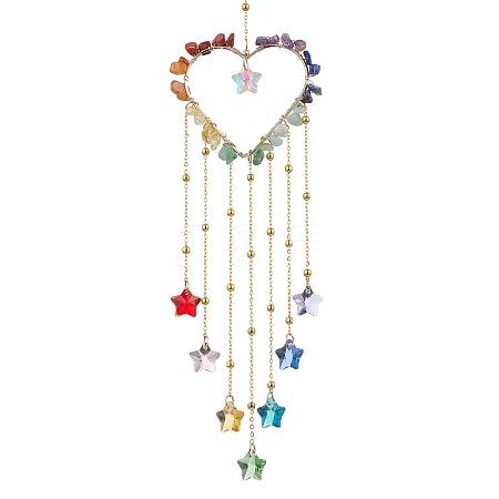 Wire Wrapped Chakra Natural Gemstone Chips Heart Hanging Ornaments HJEW-JM02369-1