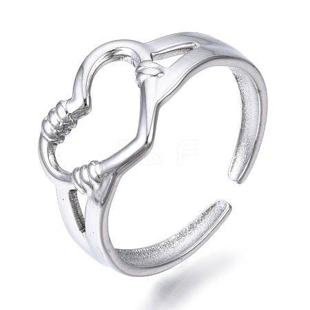 Non-Tarnish 304 Stainless Steel Heart Open Cuff Ring RJEW-N040-23-1