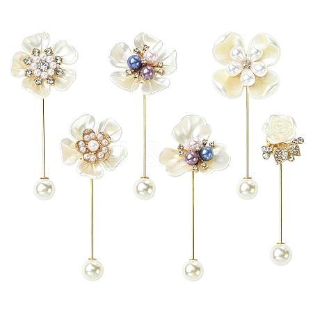 6Pcs 6 Styles Flower Plastic & Resin Rhinestone Brooches JEWB-CJ0003-39-1