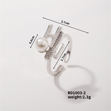 Geometric Pearl & Brass Letter H Open Cuff Ring: Elegant BN7901-2-1