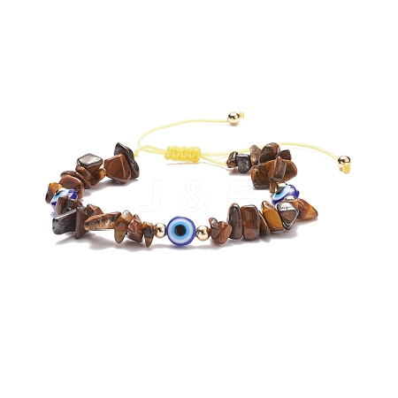 Natural Tiger Eye Chips & Resin Evil Eye Braided Bead Bracelet BJEW-JB08495-02-1