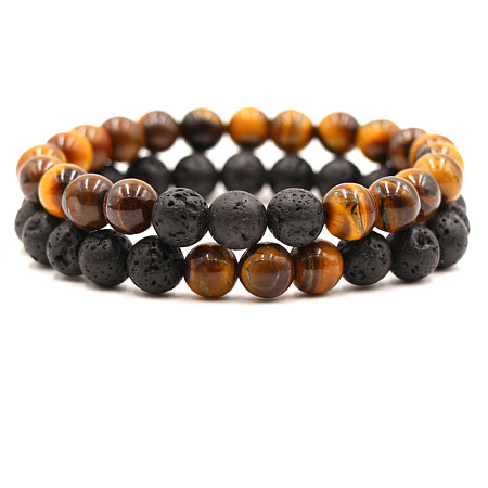 2Pcs 2 Styles Natural Tiger Eye & Lava Rock Round Beaded Stretch Bracelets for Couple FS-WGA2A2E-10-1