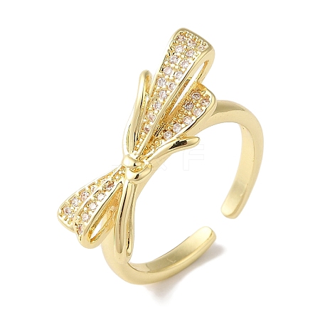 Bowknot Brass Micro Pave Clear Cubic Zirconia Open Cuff Rings for Women RJEW-C098-20G-1