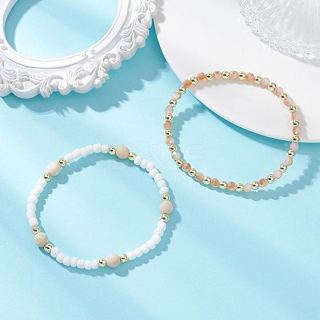 2Pcs Natural Fossil & Glass Round Beaded Stretch Bracelets for Women BJEW-JB13308-1