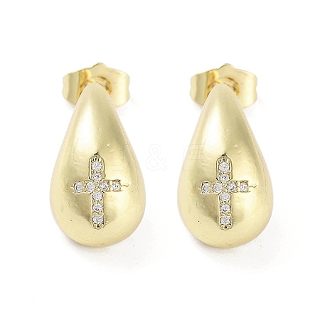 Teardrop Rack Plating Brass Cubic Zirconia Stud Earrings for Women EJEW-B047-02G-03-1