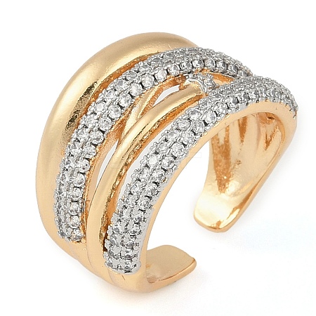 Brass Micro Pave Clear Cubic Zirconia Multi-layer Open Cuff Ring for Women RJEW-Q819-19G-1