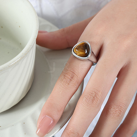 Natural Tiger Eye & 304 Stainless Steel Finger Rings WGF96AF-03-1