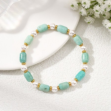 Natural Amazonite & Shell Pearl & Brass Beads Stretch Bracelets for Women BJEW-JB13865-03-1