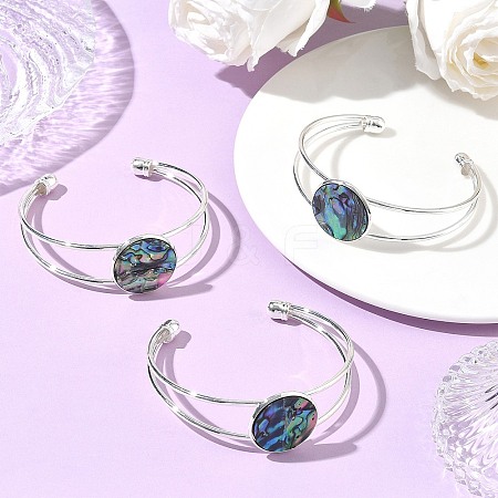 Natural Abalone Shell Paua Shell Flat Round Brass Open Cuff Bangles BJEW-JB14484-1