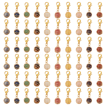 Copper Wired Wrapped Natural Gemstone Round Pendant Decorations HJEW-AB00711-1