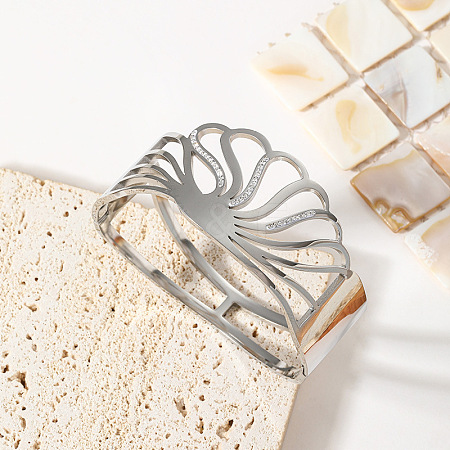 Shell Shape 304 Stainless Steel Pave Crystal Rhinestone Hinged Bangles for Women FS-WGE9198-02-1