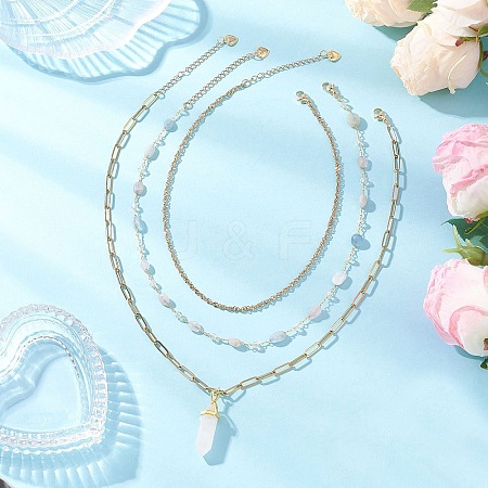 Natural Rose Quartz Double Terminated Pointed Bullet Pendant 304 Stainless Steel & Brass Chain 3 Layer Necklaces for Women NJEW-JN05477-04-1