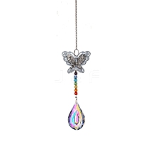 Glass Teardrop Sun Catcher Hanging Prism Ornaments with Iron Butterfly HJEW-PW0002-14D