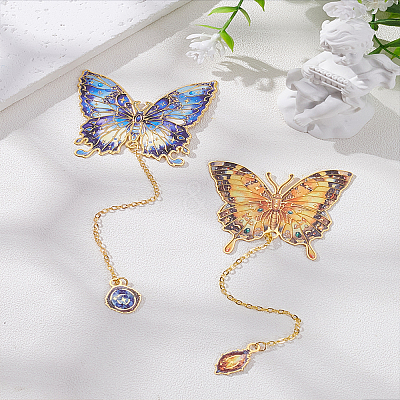 2Pcs 2 Styles Butterfly Alloy Enamel Charms Bookmarks with Chain AJEW-LP0004-24B-1