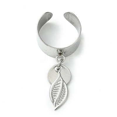 8Pcs 4 Style 304 Stainless Steel Open Cuff Finger Rings with Leaf Charms RJEW-AB00008-1