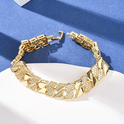 Geometric Brass Micro Pave Clear Cubic Zirconia Link Chain Bracelets for Women BJEW-F530-05G-1