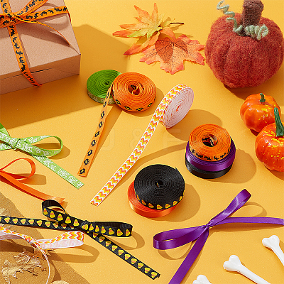 8Rolls 8 Colors Halloween Polyester Printed Grosgrain Ribbon OCOR-PH0004-26-1