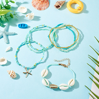 2 Bags Summer Beach Glass Seed Beaded & Natural Shell & Alloy Starfish Charm Anklet Sets AJEW-TA0003-69G-1