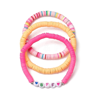 3Pcs 3 Colors Polymer Clay Disc Beaded Stretch Bracelet Sets BJEW-JB10441-01-1