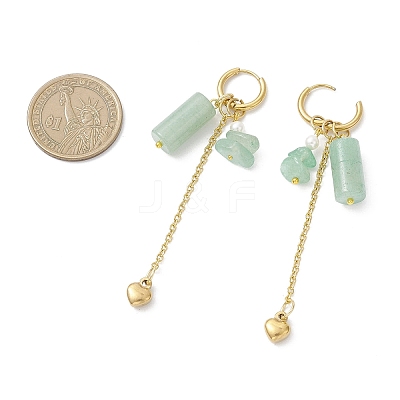 304 Stainless Steel Green Aventurine Heart Tassel Hoop Earrings EJEW-JE06731-02-1