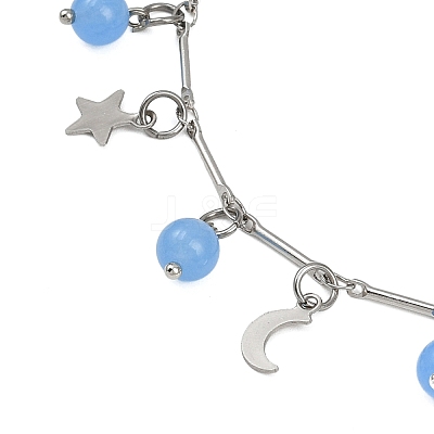 201 Stainless Steel Moon Star & Natural Dyed Malaysia Jade Round Charm Brass Bar Link Chain Anklets AJEW-AN00732-02-1