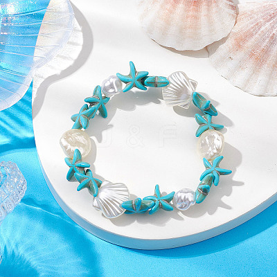 Synthetic Turquoise & ABS Plastic Imitation Pearl Beaded Stretch Bracelets BJEW-JB10567-1