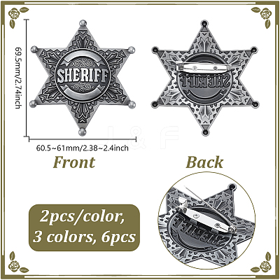 6Pcs 3 Colors Star of David with Word Sheriff Alloy Lapel Pins for Backpack Clothes JEWB-HY0001-52-1