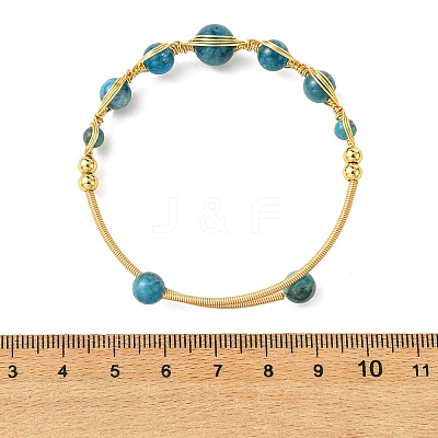 Herringbone Wire-Wrapped Natural Mixed Gemstone Brass Cuff Bangles BJEW-JB14039-1