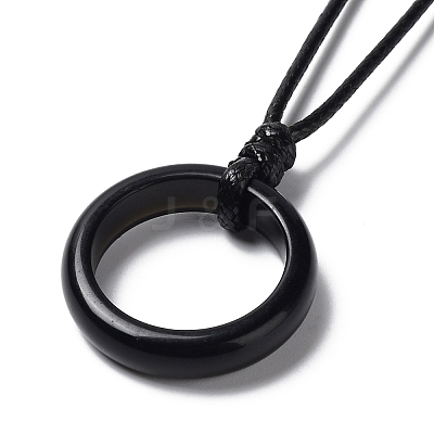 Natural Obsidian Ring Pendant Necklace with Waxed Cords NJEW-R262-01A-10-1