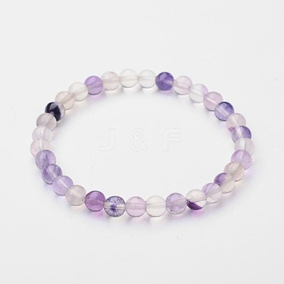 Natural Fluorite Round Beaded Stretch Bracelets BJEW-F202-05-1
