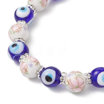 Handmade Flower Printed Porcelain Ceramic & Handmade Lampwork Evil Eye Beads Stretch Bracelets for Women BJEW-JB12105-03-1