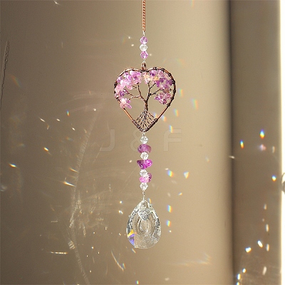 Natural Amethyst Chip Wrapped Heart with Tree of Life Hanging Ornaments PW-WG90532-02-1