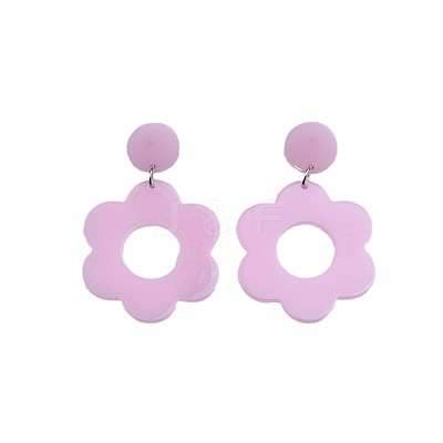 Flower with Flat Round Opaque Acrylic Dangle Stud Earrings FS-WG69462-03-1