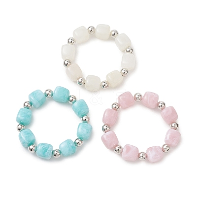 3Pcs Two Tone Acrylic & CCB Plastic Cuboid Beaded Stretch Bracelets for Women BJEW-JB13302-02-1