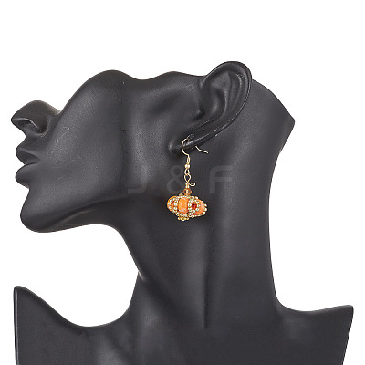 Halloween Theme Pumpkin Handmade Glass Seed Beaded Dangle Earrings EJEW-MZ00476-1