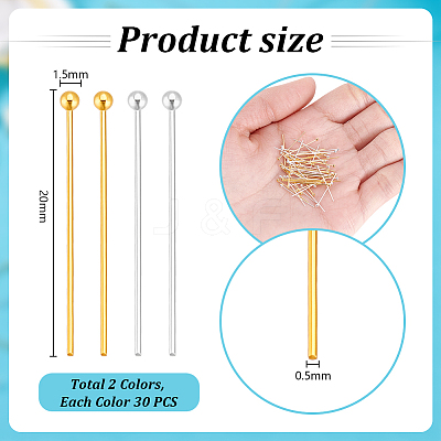 60Pcs 2 Colors 925 Sterling Silver Ball Head Pins STER-PH0003-17-1