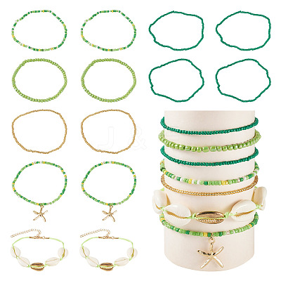 2 Bags Summer Beach Glass Seed Beaded & Natural Shell & Alloy Starfish Charm Anklet Sets AJEW-TA0003-69E-1