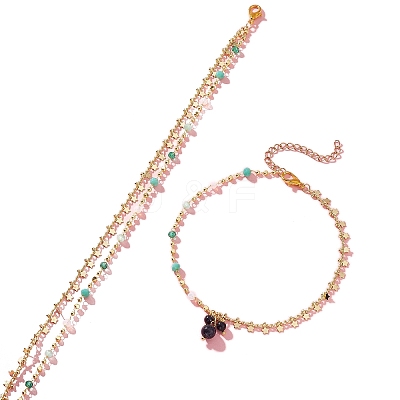 2Pcs 2 Styles Brass Star Tassel Handmade Glass Link Chain Anklet Sets AJEW-AN00761-1