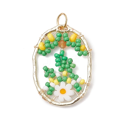 Glass Seed Beaded Oval with Flower Pendants PALLOY-MZ01061-03-1