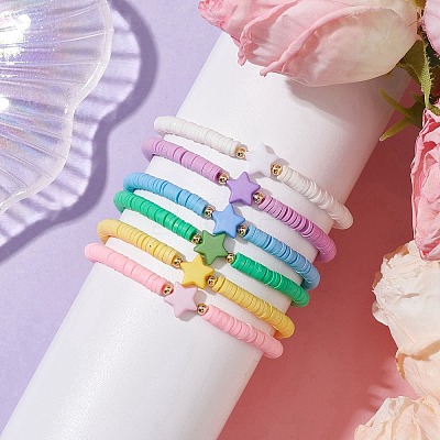 6Pcs 6 Colros Star Acrylic & Polymer Clay Beaded Stretch Kid Bracelet Sets BJEW-JB10673-1